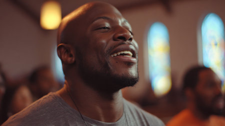 A man smiles joyfully while participating in a lively church service surrounded by others.の素材