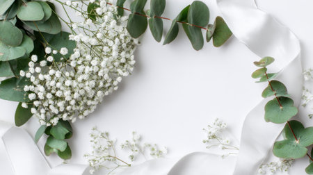 Delicate white blooms and green leaves are beautifully arranged with a flowing silk ribbon for a serene look.の素材
