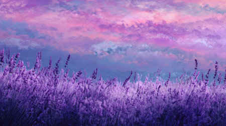 Lavender flowers bloom in a vast field, illuminated by a sunset. The sky is filled with shades of pink, purple, and blue, creating a calming atmosphere in nature.の素材