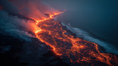 Lava cascades into ocean water creating steam and bright orange reflections during twilight.の素材