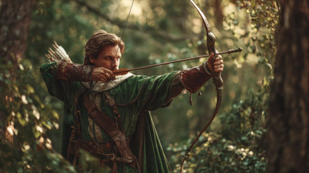 In a magical forest a skilled archer in a green cloak draws his bow ready to take aim as sunlight filters through the trees.の素材