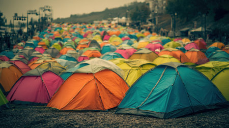 A sea of brightly colored tents fills the valley marking a festive gathering under a golden sunset.の素材