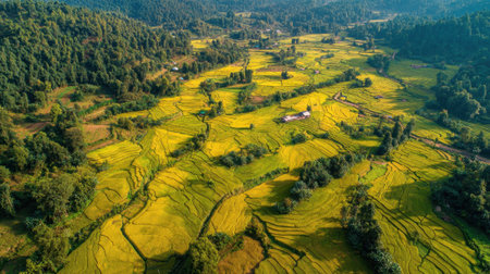 Lush green and golden rice fields stretch over rolling hills beneath a clear sky reflecting natures beauty.の素材