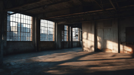 Soft light spills into a spacious warehouse highlighting the beauty of urban decline at dusk.の素材
