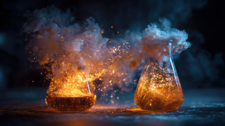 In a dark laboratory setting, two glass beakers showcase spectacular chemical reactions. Bright sparks and colorful smoke erupt, creating a mesmerizing visual spectacle.の素材