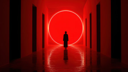 A figure stands still in a striking red corridor captivated by a vibrant glowing circle ahead.の素材