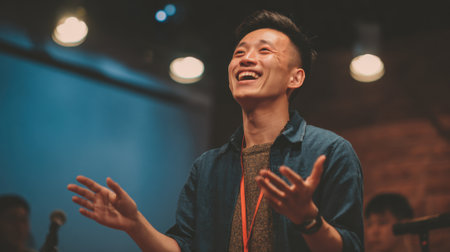 Young man expresses happiness while talking to an eager crowd at a vibrant venue at night.の素材
