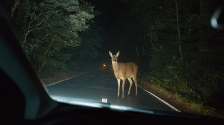 A deer calmly stands in the middle of a dimly lit road surrounded by trees at night.の素材