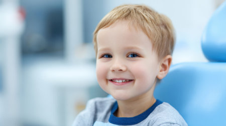 Young boy shows big smile in dental chair feeling comfortable and happy during his visit.の素材