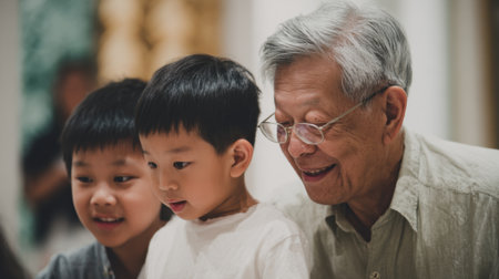 Elderly man enjoys quality time with two boys laughing and learning together in a cozy space.の素材