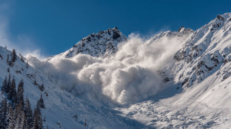 A massive avalanche thunders down the snow covered mountain showing natures raw power on a bright day.の素材