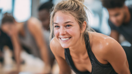 Young woman is happily participating in a fitness class connecting with others while exercising.の素材