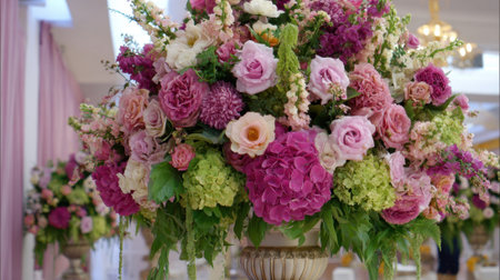 A stunning display of pink and green flowers fills a decorative vase in an elegant room.の素材