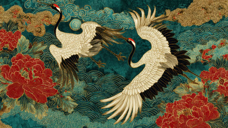 Two elegant cranes flutter amidst lush flowers and waves showcasing harmony in natures beauty.の素材