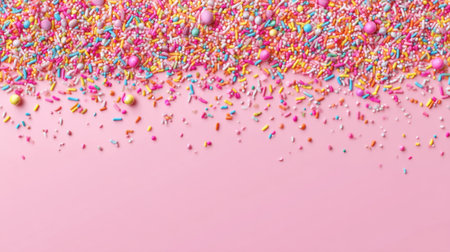 Vibrant sprinkles of various colors spread across a pink background adding fun to any sweet treat.の素材