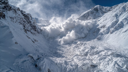 A powerful avalanche rushes down the slopes sending snow clouds into the air. The surrounding mountains are majestic and white.の素材
