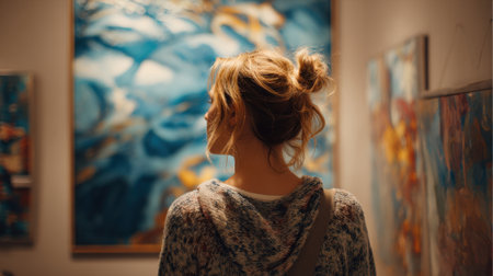 A woman gazes thoughtfully at vibrant abstract paintings in a warm inviting gallery.の素材