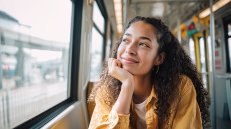 A young woman with curly hair smiles thoughtfully while enjoying a train ride under bright sunlight.の素材