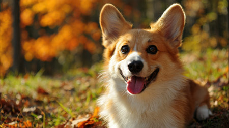 A cheerful corgi sits among fallen leaves basking in the warm autumn sunlight in a peaceful forest.の素材