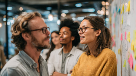 Team members collaborate actively sharing ideas and smiles in a bright office space filled with sticky notes.の素材