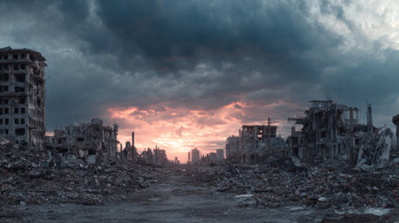 Ruins of a city stretch into the distance illuminated by a striking sunset under stormy skies.の素材