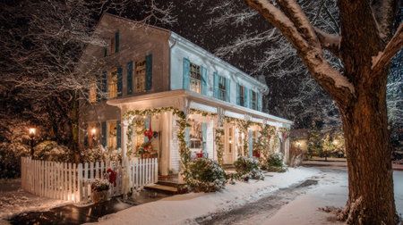 Soft snow blankets a lovely home with festive lights creating a warm and inviting winter scene.の素材