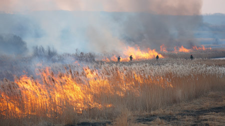 Firefighters work tirelessly to control a large grass fire as smoke billows into the sky.の素材