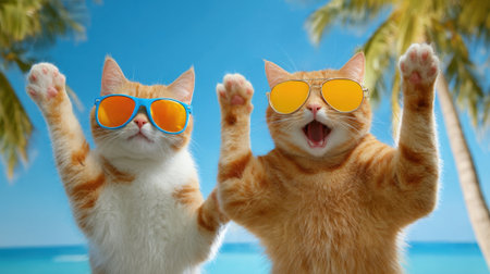 Two playful cats raise their paws in joy while wearing bright sunglasses by a sunny beach.の素材