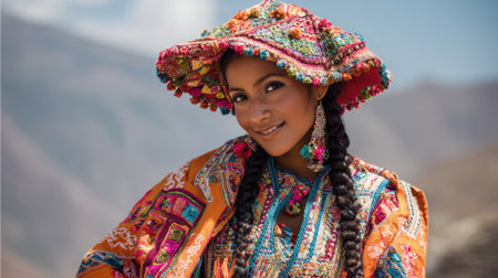 Colorful embroidered dress and hat reflect Andean culture in this scenic mountain setting.の素材