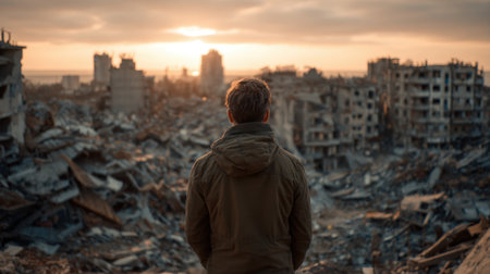 A lone figure stands in contemplation as the sun sets behind a ruined urban landscape.の素材