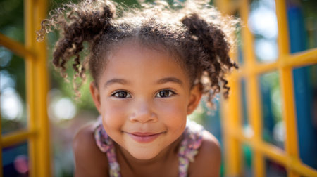 Young girl with curly hair smiles brightly while playing on colorful playground equipment outdoors.の素材