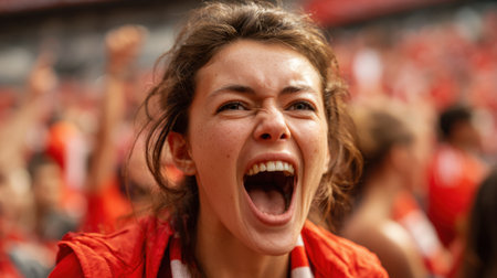Fans erupt in cheers waving flags and celebrating a recent victory in a vibrant stadium atmosphere.の素材