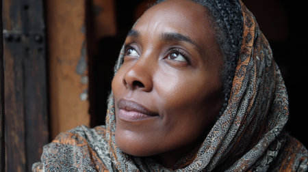 A woman stars upwards her face showing deep contemplation surrounded by a warm atmosphere.の素材