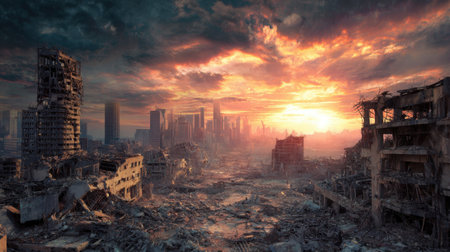 Ruined buildings stand in silent decay as a colorful sunset lights the sky with hope.の素材