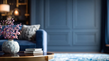 A stylish living room features blue walls a comfy sofa and a lovely floral arrangement on the table.の素材