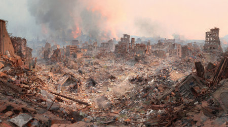 Scorched remnants of buildings lie scattered across the ground under a smoky sky signaling disaster.の素材