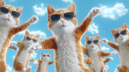 A group of excited cats in sunglasses moves rhythmically creating a fun and lively scene outdoors.の素材