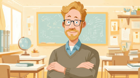 Friendly teacher stands confidently in a bright classroom filled with learning resources and inspiration.の素材