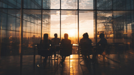 Six silhouettes gather around a conference table captivated by the vibrant sunset outside.の素材