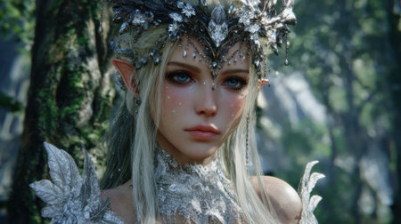 A beautiful elf maiden stands in a vibrant forest exuding magic and grace with sparkling details.の素材