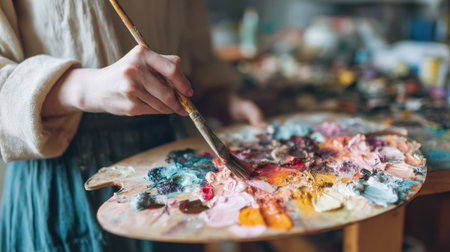 An artist skillfully mixes bright paints on a palette surrounded by an inspiring workspace full of materials.の素材