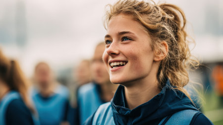 Joyful girl enjoys her time practicing with teammates on a cool overcast day.の素材