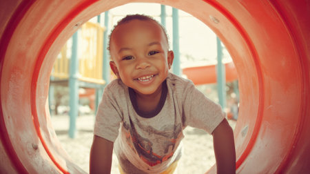 A young child is happily crawling through a vibrant orange tube at a playground smiling widely.の素材