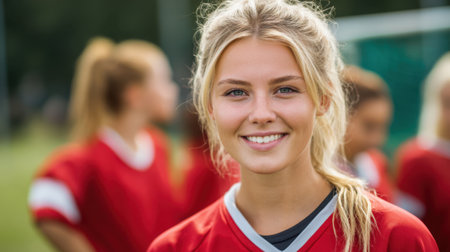 A confident young woman enjoys her time on the soccer field showing dedication and team spirit.の素材