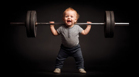 A joyful toddler confidently lifts a heavy barbell showing amazing strength and determination.の素材