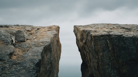 Breathtaking cliffs reveal a deep gap framed by an overcast sky evoking feelings of solitude and wonder.の素材