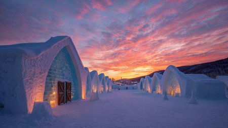 Glowing ice buildings stand against a colorful sunset in a tranquil winter setting.の素材