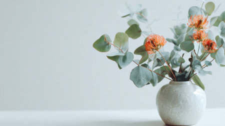 A charming arrangement of vibrant orange blooms and soft green leaves sits elegantly in a minimalist vase.の素材
