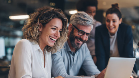 Colleagues smile and engage around a laptop in a bright office sharing ideas and laughter together.の素材