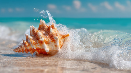 A vibrant conch shell lies on the warm sand as waves softly roll in creating a serene beach scene.の素材